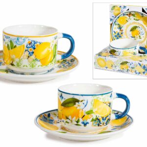 Porcelán csésze+alátét szett citromos, sárga szegély